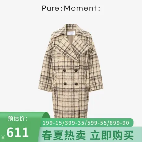 Pure:Moment/毛呢外套女2021年秋冬中长款格子大翻领宽松休闲大衣图片