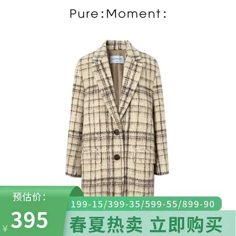 Pure:Moment/毛呢外套女2021年秋冬格子单排扣翻领中长款呢子大衣图片