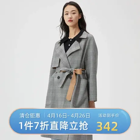伊芙丽新款格纹系带韩版宽松显瘦风衣女中长款外套1B9967011图片