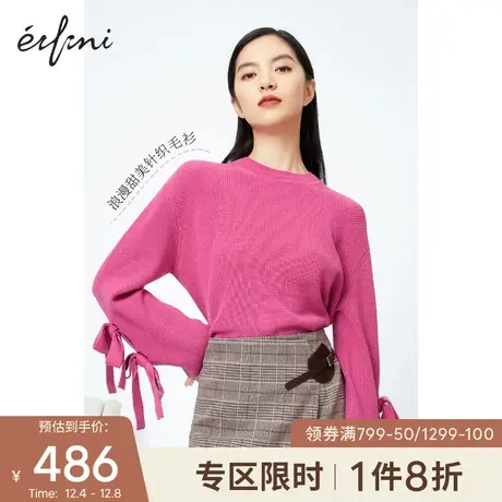 伊芙丽2021新款冬装韩版设计感小众系带纯色圆领红色针织衫女商品大图